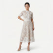 Women's elegant lace midi dress by FJØRNA featuring high neck, refined cutwork detail, and a sophisticated silhouette.