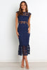 Navy Lauren Dress by FJØRNA, midi-length dress with a floral petal pattern, showcasing a stylish and comfortable design.