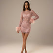 Pink sequin feather mini dress with long sleeves and sheer details by FJØRNA, featuring shimmering feathers and elegant design.