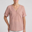 Pink women's summer blouse with V-neck and short sleeves, casual linen top by FJØRNA.