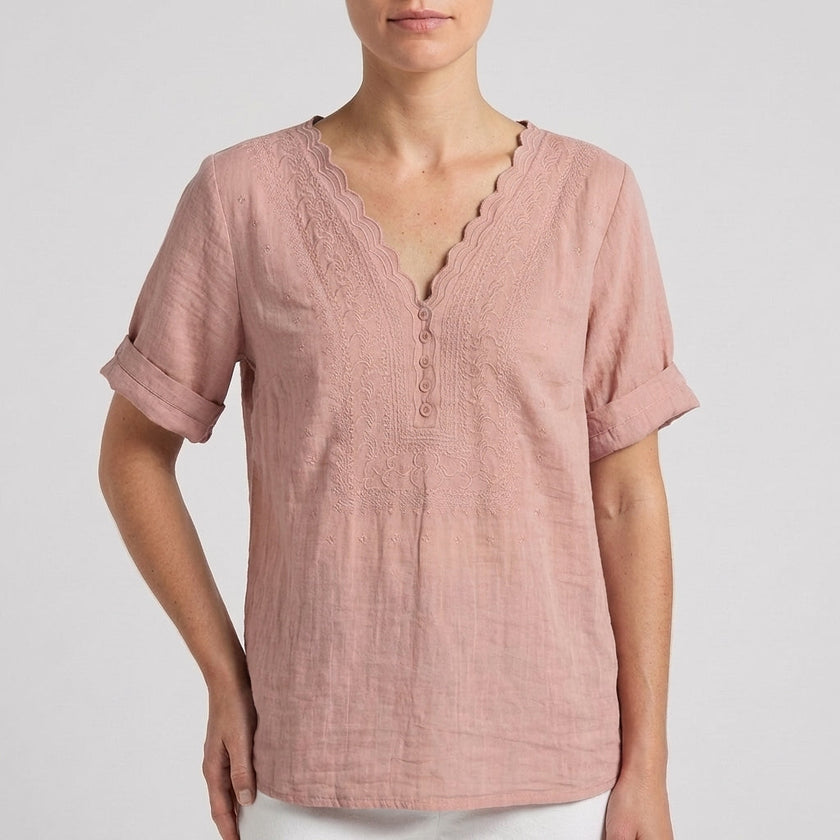 Pink women's summer blouse with V-neck and short sleeves, casual linen top by FJØRNA.