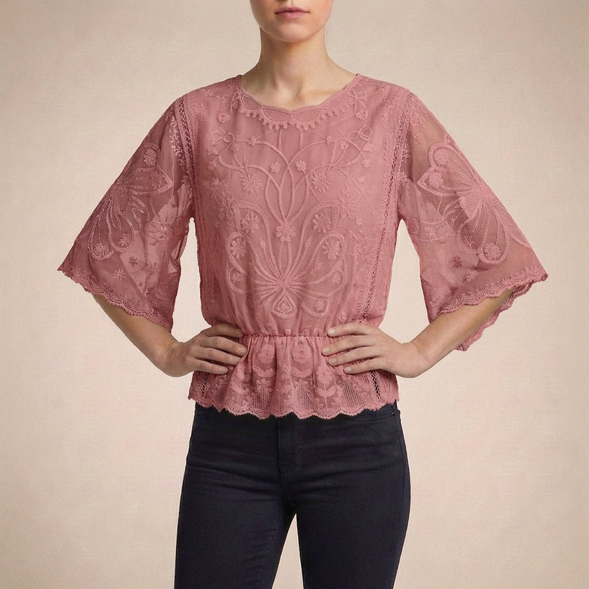 Pink floral lace summer blouse for women by FJØRNA, featuring a light, airy design with delicate lace details.