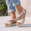 Pink FJØRNA orthopedic peep-toe wedge sandals for women with supportive design and stylish open-toe style.