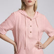 Pink women's summer blouse by FJØRNA featuring short sleeves and lightweight linen fabric.