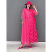 Pink FJØRNA black tulle party dress with o-neck, asymmetrical design, half sleeves, perfect for evening occasions.