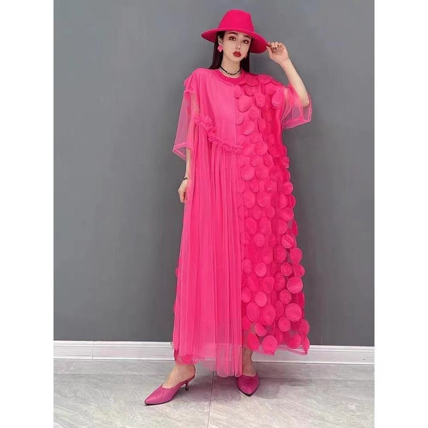 Pink FJØRNA black tulle party dress with o-neck, asymmetrical design, half sleeves, perfect for evening occasions.