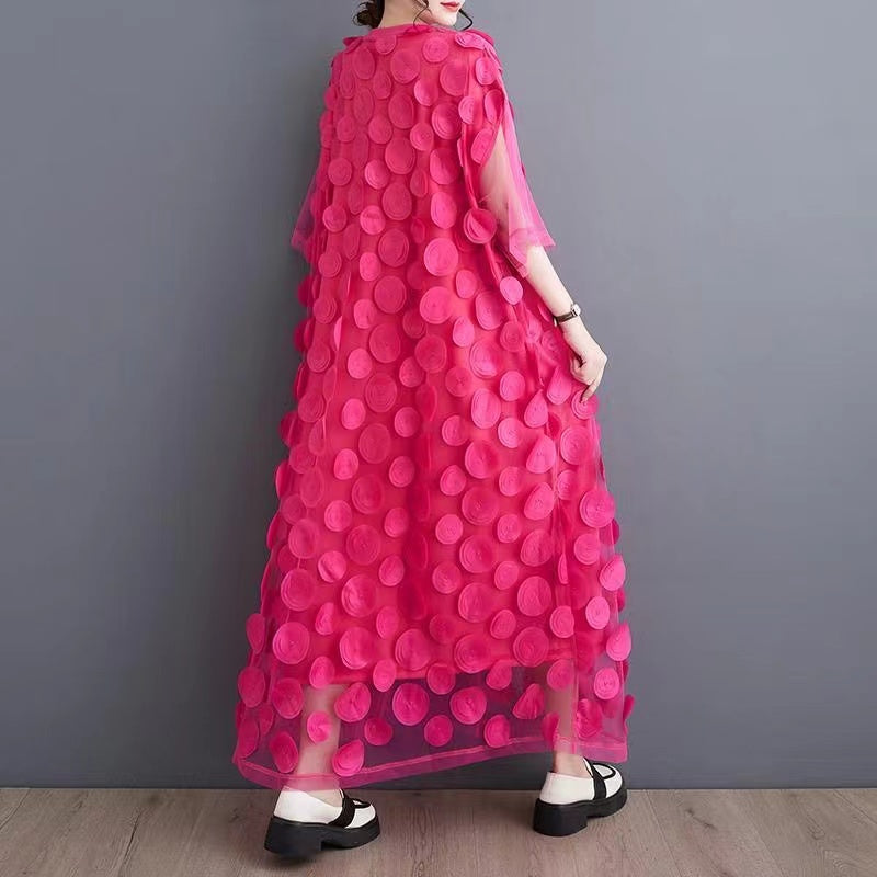 Pink FJØRNA black tulle party dress with o-neck, asymmetrical design, half sleeves, perfect for evening occasions.