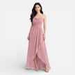 Pink FJØRNA bridesmaid dress featuring chiffon fabric, cowl neck, high-low hem, perfect for summer weddings.