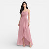 Pink FJØRNA bridesmaid dress featuring chiffon fabric, cowl neck, high-low hem, perfect for summer weddings.