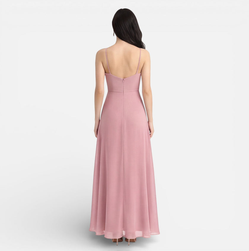 Pink chiffon bridesmaid dress with cowl neck and high-low hem, designed for weddings by FJØRNA.