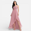 Pink chiffon bridesmaid dress with cowl neck and high-low hem, designed for summer weddings by FJØRNA.