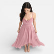 Pink chiffon bridesmaid dress by FJØRNA featuring a cowl neck and high-low hem, perfect for summer weddings.