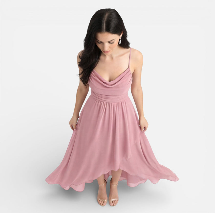 Pink chiffon bridesmaid dress by FJØRNA featuring a cowl neck and high-low hem, perfect for summer weddings.
