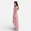 Pink FJØRNA bridesmaid dress with chiffon fabric, cowl neck, high-low hem, perfect for summer weddings and special occasions.