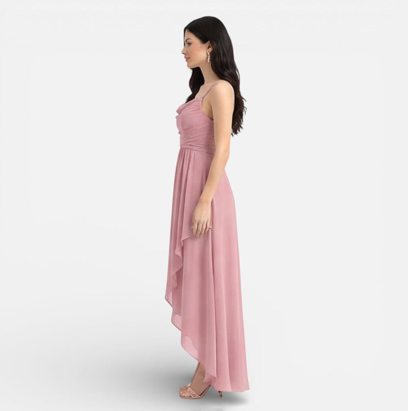 Pink FJØRNA bridesmaid dress with chiffon fabric, cowl neck, high-low hem, perfect for summer weddings and special occasions.