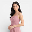 Pink chiffon bridesmaid dress by FJØRNA with cowl neck and high-low hem, perfect for summer weddings and special occasions.