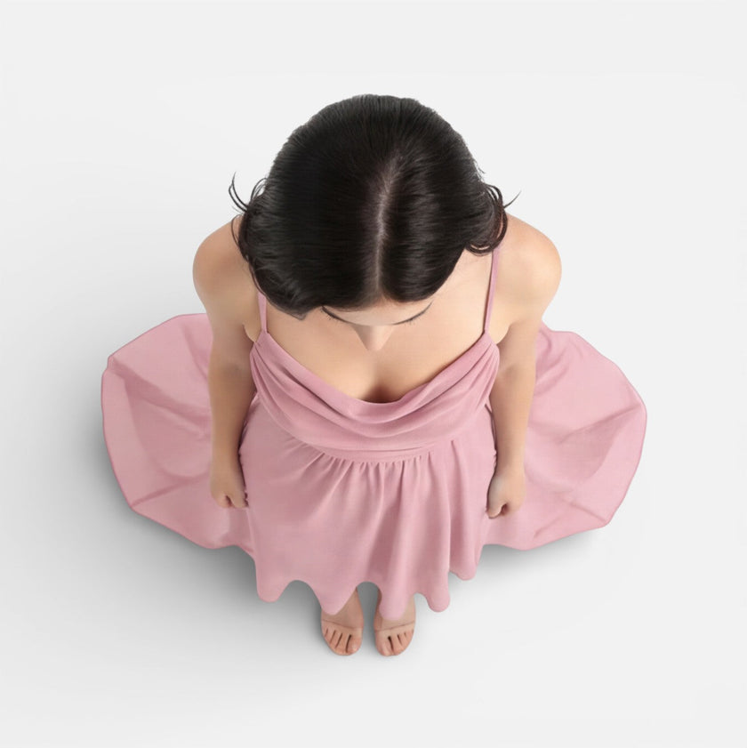 Pink FJØRNA chiffon bridesmaid dress with cowl neck and high-low hem, perfect for summer weddings and formal occasions.
