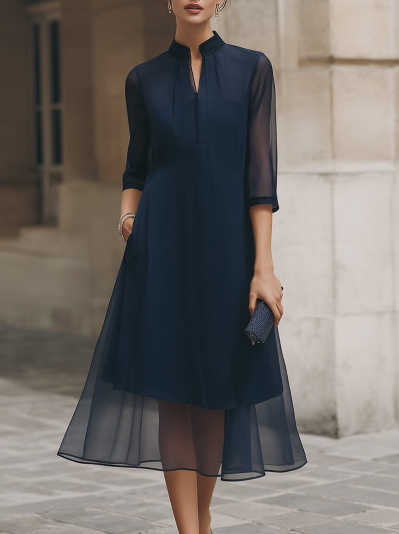 Mandarin Collar Sheer Overlay Midi Dress