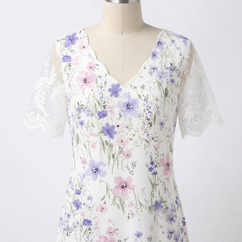 FJØRNA floral V-neck midi dress for women with elegant design and feminine floral pattern, suitable for special occasions.
