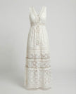FJØRNA bohemian lace maxi dress with tiered skirt and tassel waist, flowing and detailed for a relaxed, stylish look.