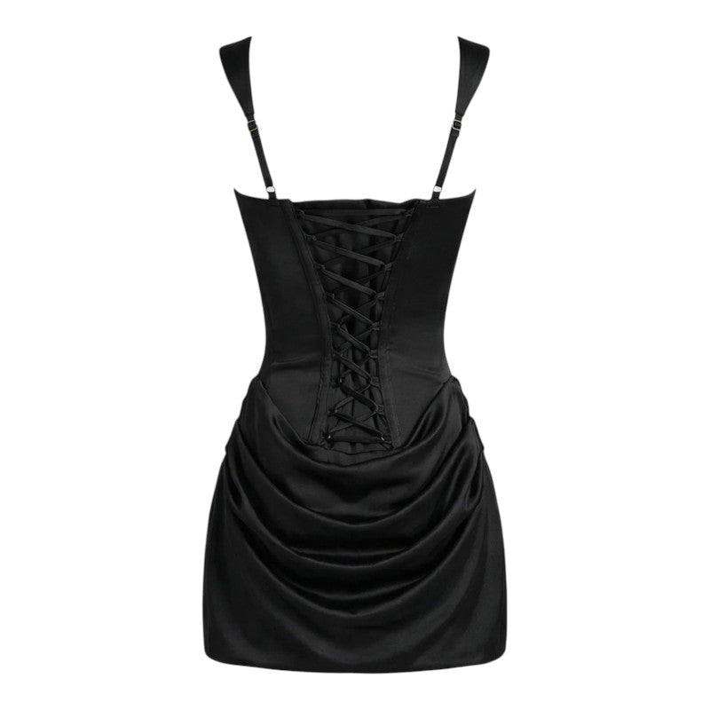 FJØRNA women's square neck ruched mini dress hanging on a hanger, showcasing its fitted bodice and stylish design.