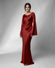 Rust-tone satin maxi dress for women featuring elegant bell sleeves, luxurious fabric, and floor-length design by FJØRNA.