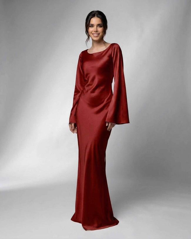 FJØRNA black satin maxi dress for women with elegant bell sleeves, luxurious floor-length design, perfect for formal occasions.