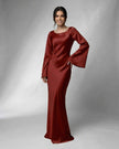 FJØRNA satin maxi dress for women with elegant bell sleeves, luxurious rust-tone satin, floor-length design, sophisticated style