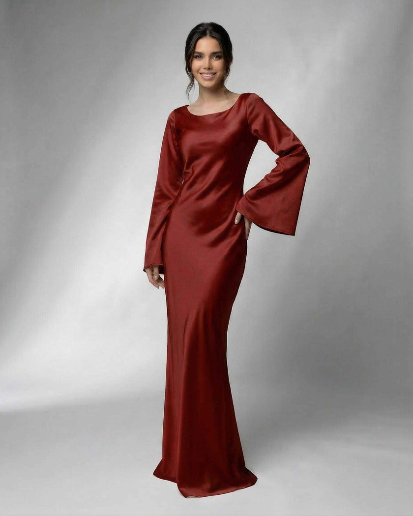 FJØRNA satin maxi dress for women with elegant bell sleeves, luxurious rust-tone satin, floor-length design, sophisticated style