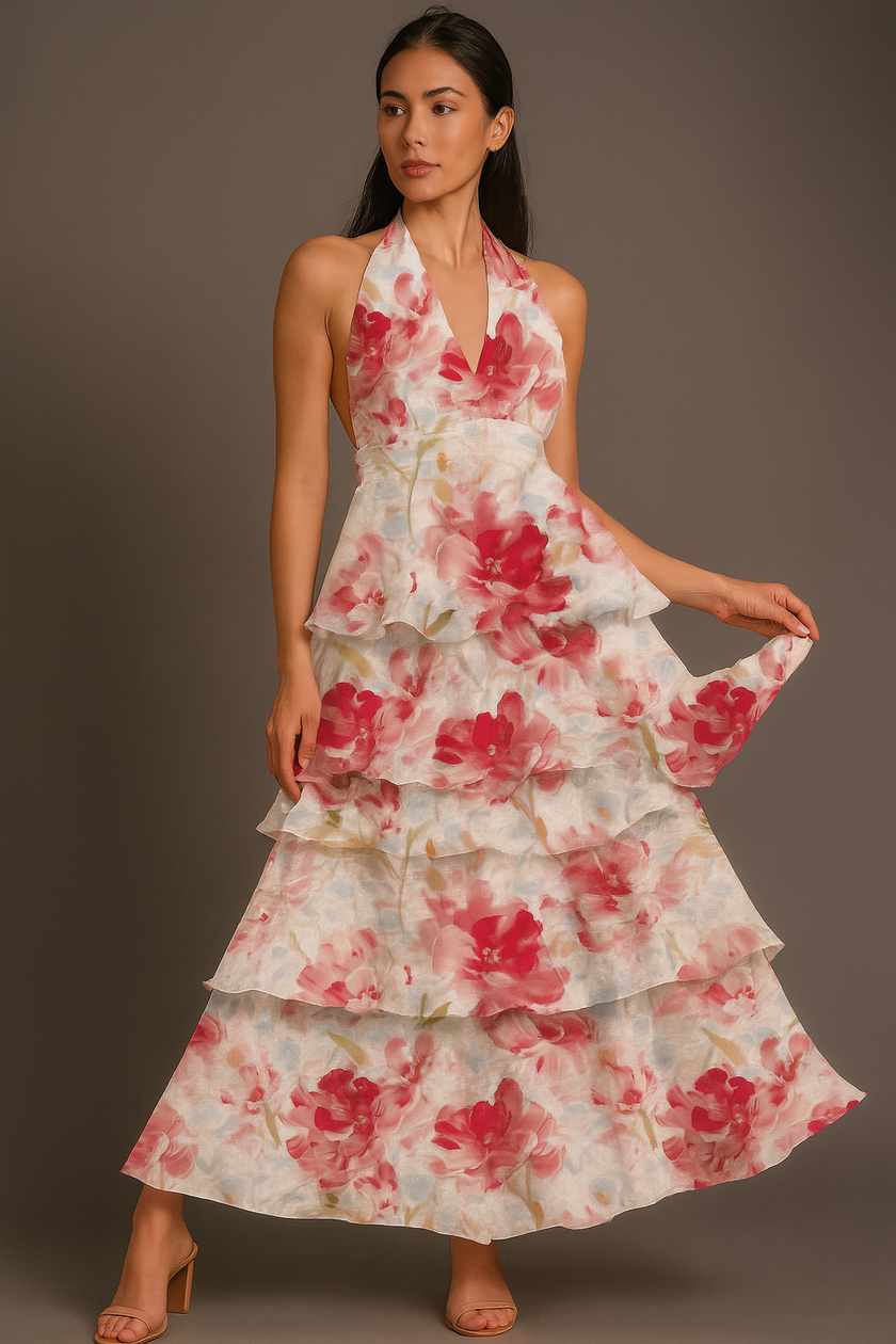 Red FJØRNA floral halter tiered ruffle maxi dress with waist detail, featuring a vibrant floral print and flowing silhouette.