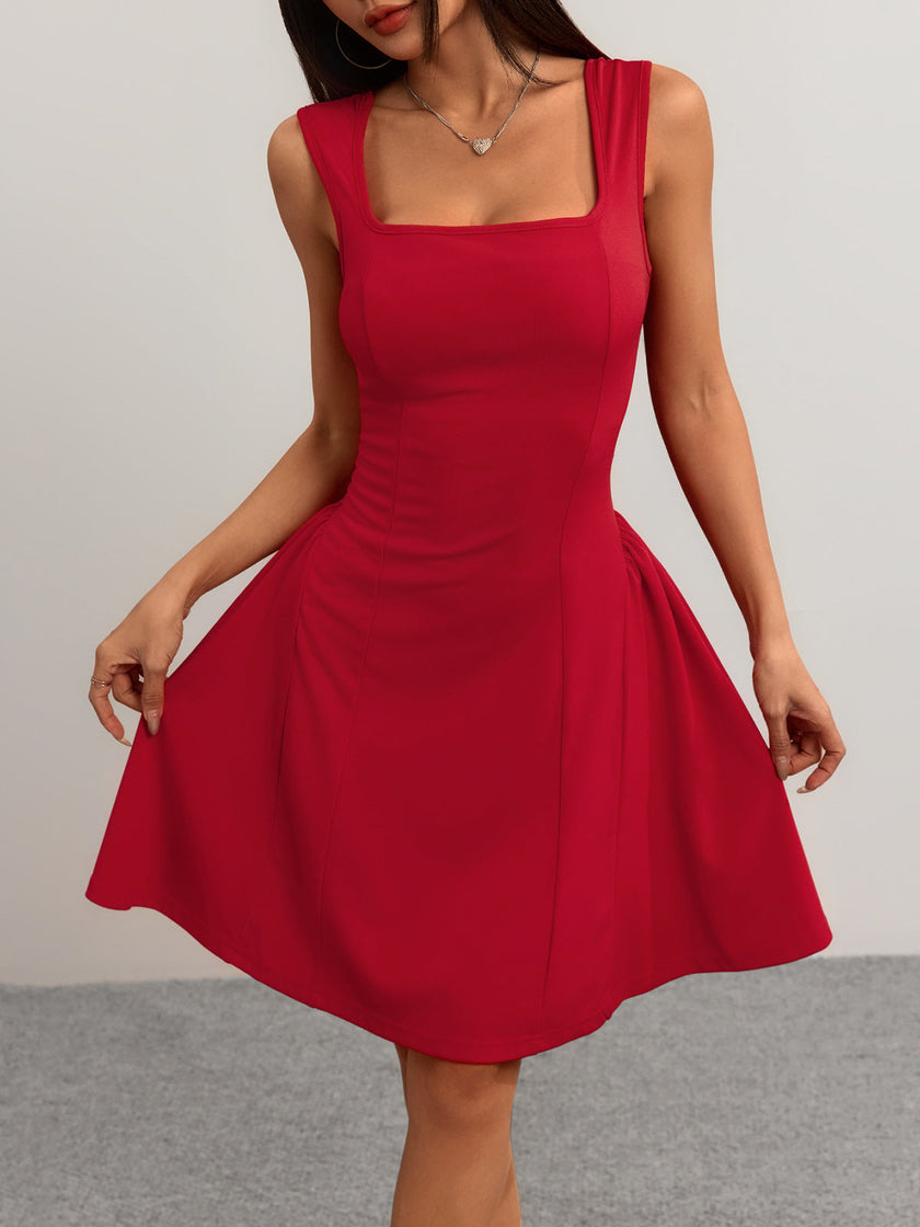 FJØRNA red flared fit summer dress with square neckline, mini length, and black tailored accents, perfect for warm weather wear.