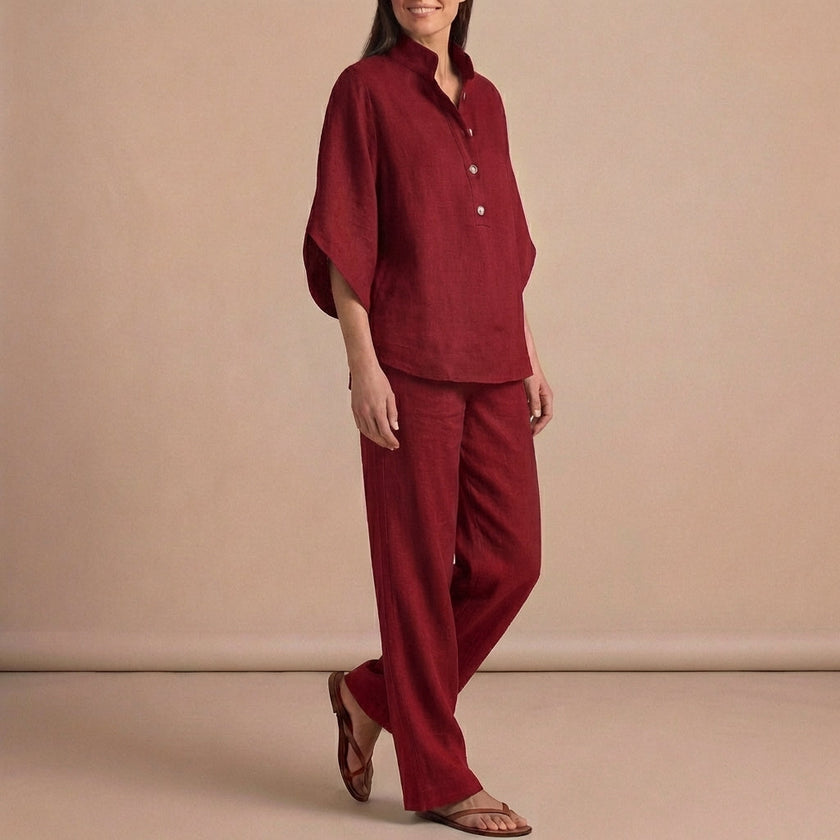 Red woven two-piece relax shirt and wide-leg trouser set by FJØRNA, ideal for urban leisure and comfortable styling.