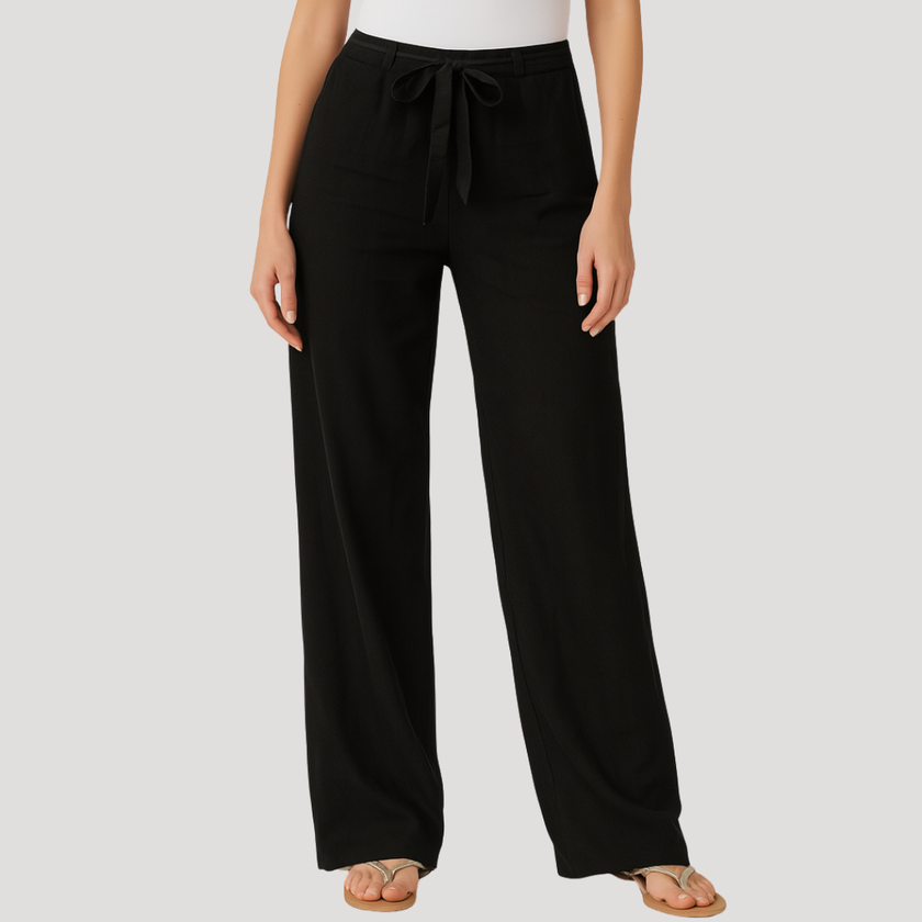 FJØRNA Reyna women's drawstring wide-leg pants in soft fabric, showing relaxed fit and comfortable waistband.
