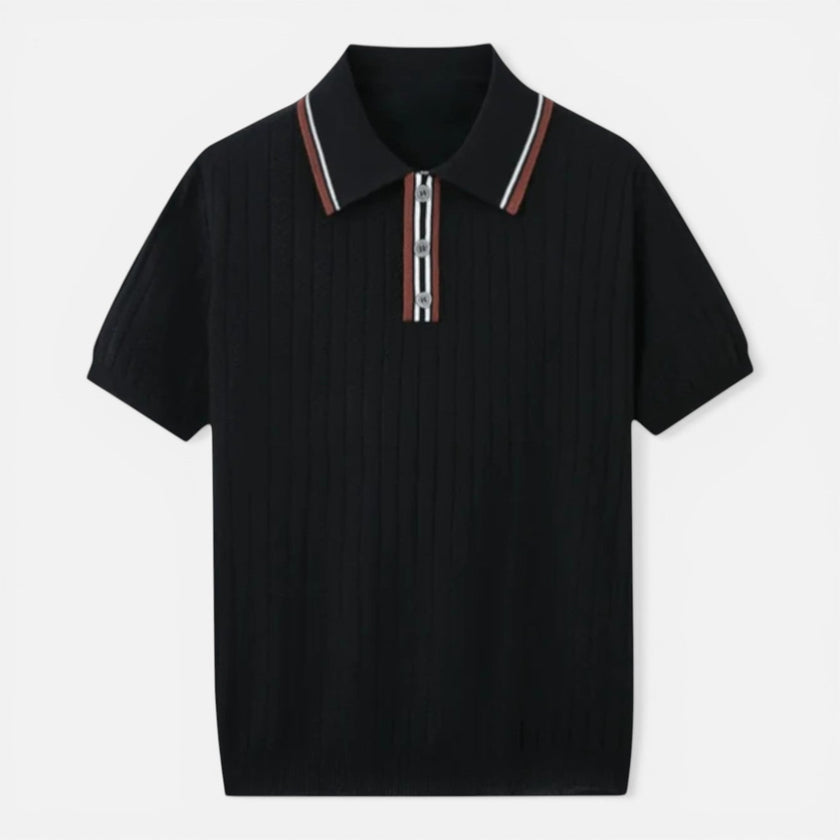 Men's lightweight ribbed cotton polo shirt in classic fit by FJØRNA, showcasing the textured ribbed design and collar detail.