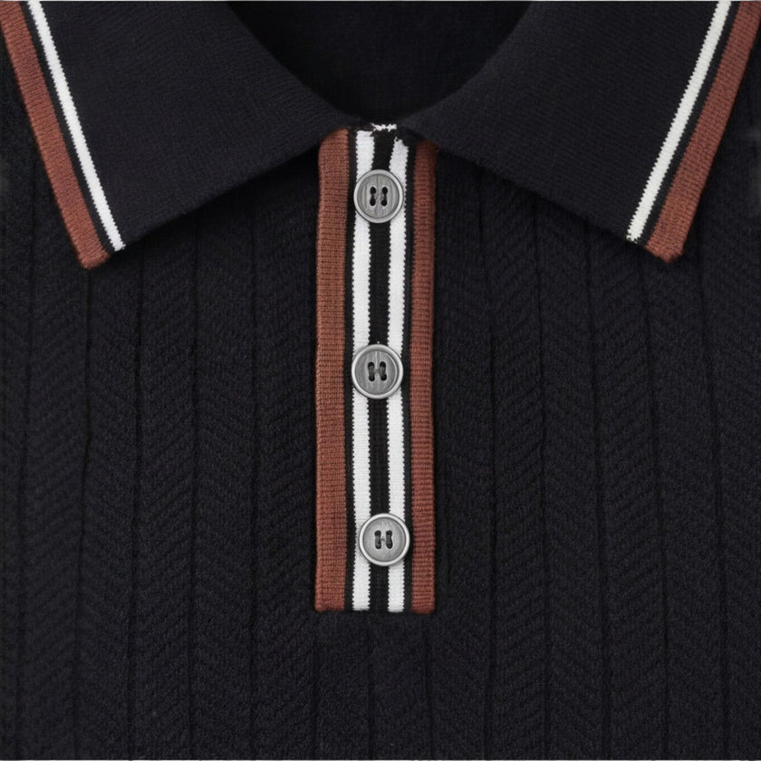 Men's lightweight ribbed cotton polo shirt by FJØRNA, classic fit with comfortable, textured ribbed fabric, suitable for casual wear.