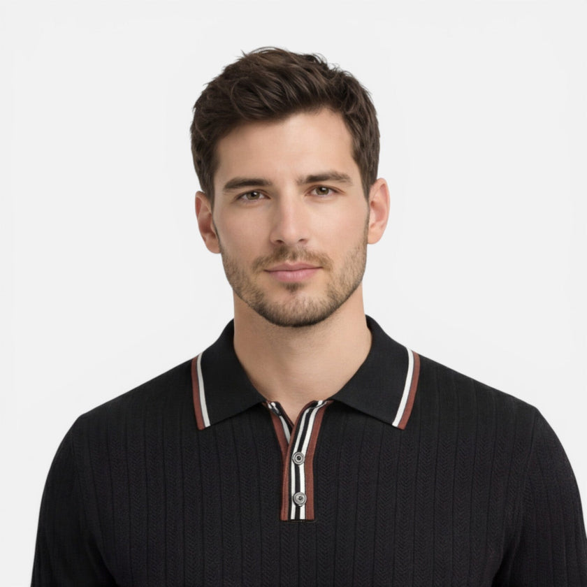 Men's lightweight ribbed cotton polo shirt by FJØRNA, classic fit, comfortable men's shirt with textured ribbed design.