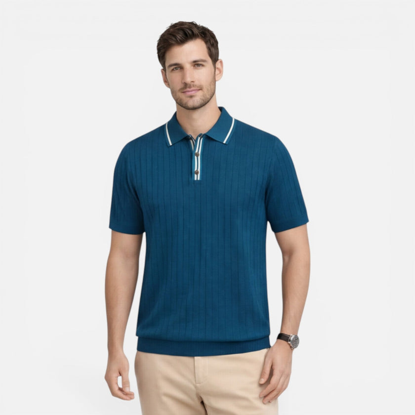 Men's lightweight ribbed cotton polo shirt by FJØRNA with a classic fit, visible ribbed texture and casual collar design.