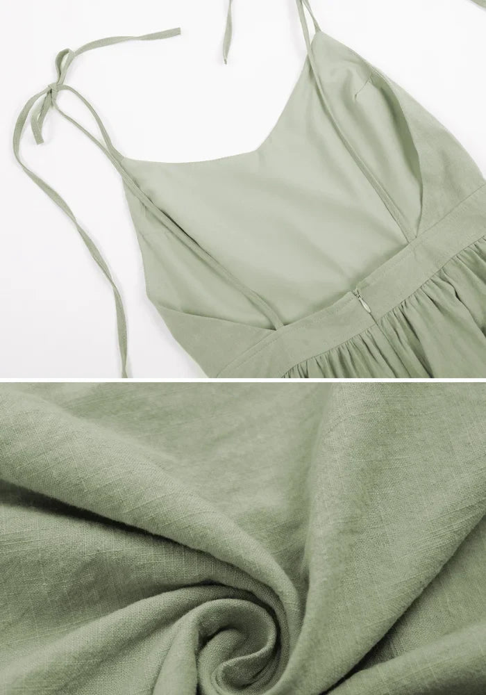 Sage green boho maxi dress by FJØRNA featuring flowing fabric and bohemian style, perfect for casual or summer wear.