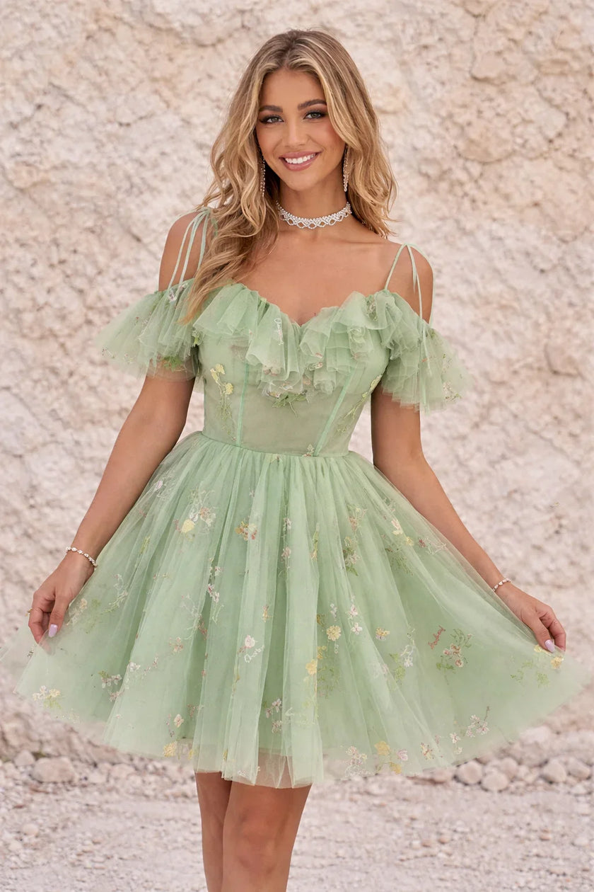 FJØRNA green sage bustier dress with fitted bodice and elegant design, perfect for stylish occasions.