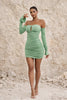 FJØRNA sage green cocktail dress with elegant fit-and-flare design, perfect for formal occasions and evening events.