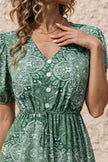 Sage green FJØRNA flowy dress with lightweight fabric and relaxed fit, perfect for casual or summer wear.