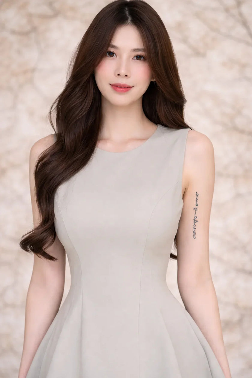 Sage green FJØRNA women's dress with a flowy silhouette, long sleeves, and elegant neckline, perfect for casual or semi-formal wear.