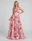 FJØRNA strapless chiffon maxi dress for women with romantic pink floral design and tiered silhouette, perfect for elegant occasions.