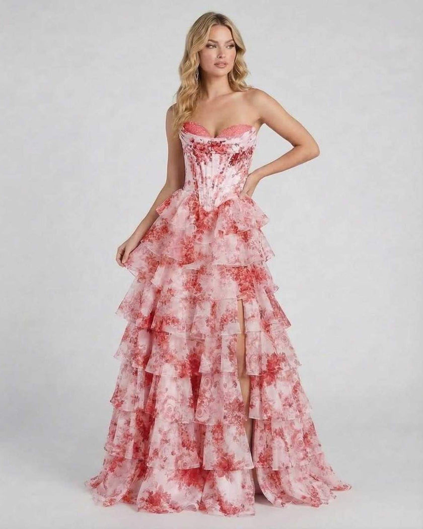 FJØRNA strapless chiffon maxi dress for women with romantic pink floral design and tiered silhouette, perfect for elegant occasions.