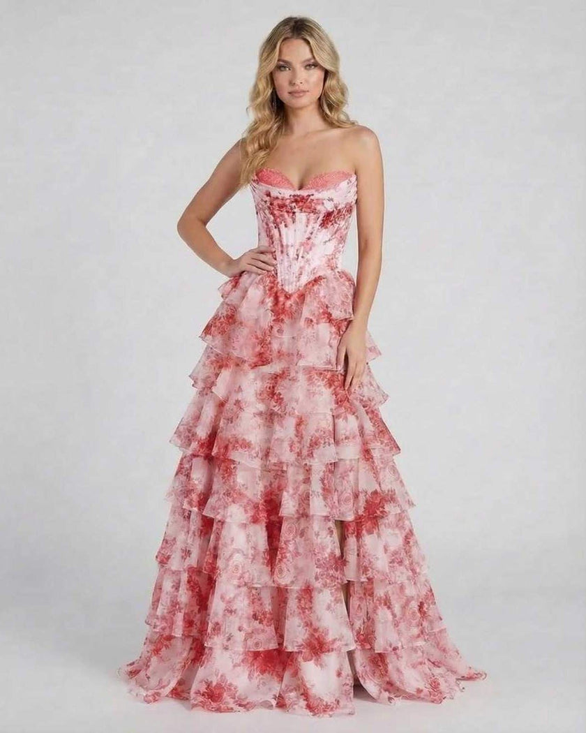 FJØRNA pink floral chiffon maxi dress with strapless corset, tiered design, sleeveless style, high slit, elegant and romantic.