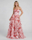 Pink floral chiffon maxi dress for women by FJØRNA, strapless corset style with romantic tiered design and elegant flowy fabric.