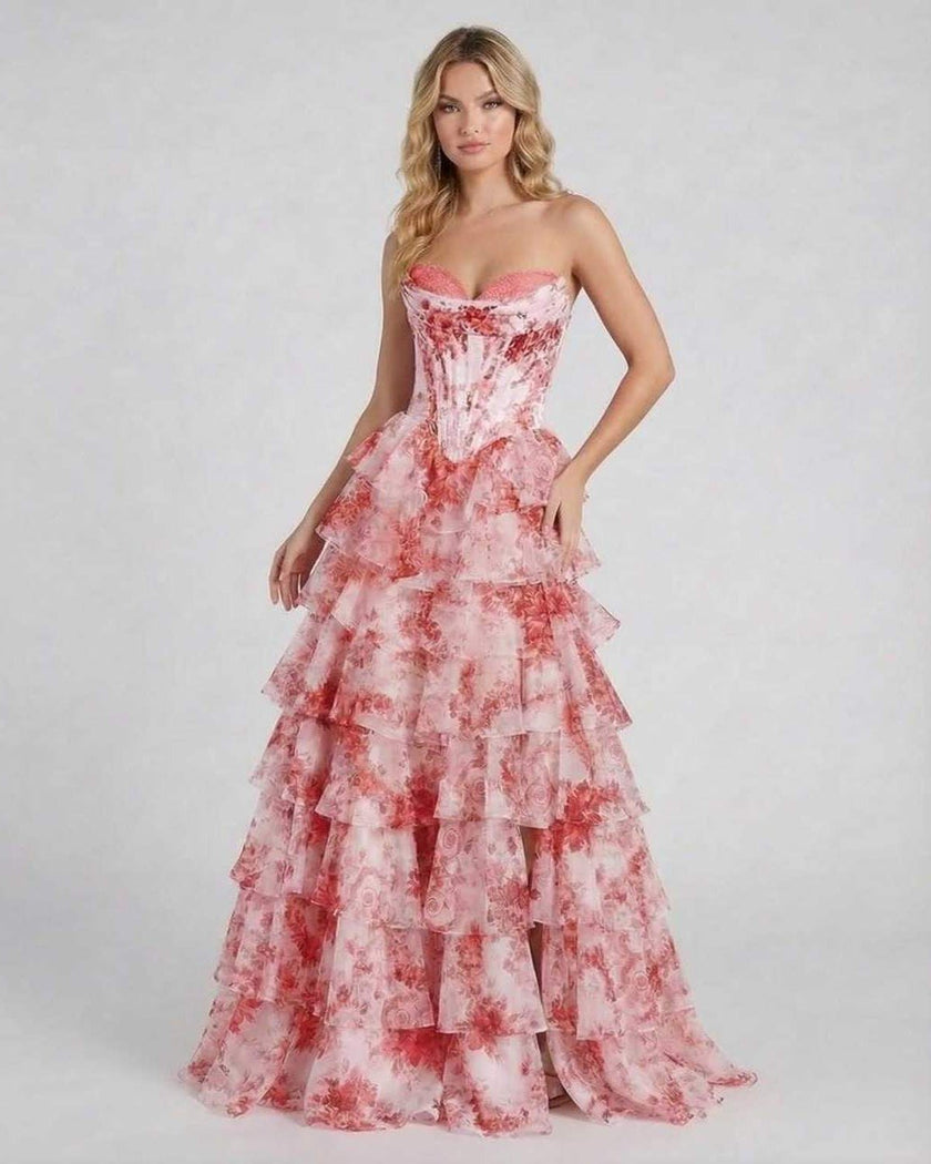 Pink floral chiffon maxi dress for women by FJØRNA, strapless corset style with romantic tiered design and elegant flowy fabric.