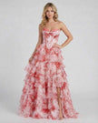 Pink floral chiffon maxi dress for women with a strapless corset design, high slit, and romantic layered skirt by FJØRNA.