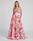 FJØRNA pink floral chiffon maxi dress for women, strapless corset style with romantic, tiered design perfect for elegant occasions.