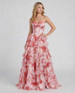 Pink floral chiffon maxi dress for women with strapless corset bodice, layered tiers, and high slit, by FJØRNA.